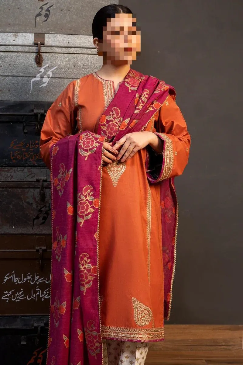 Brown Embroidered 3-Piece Women's Suit with Pashmina Dupatta