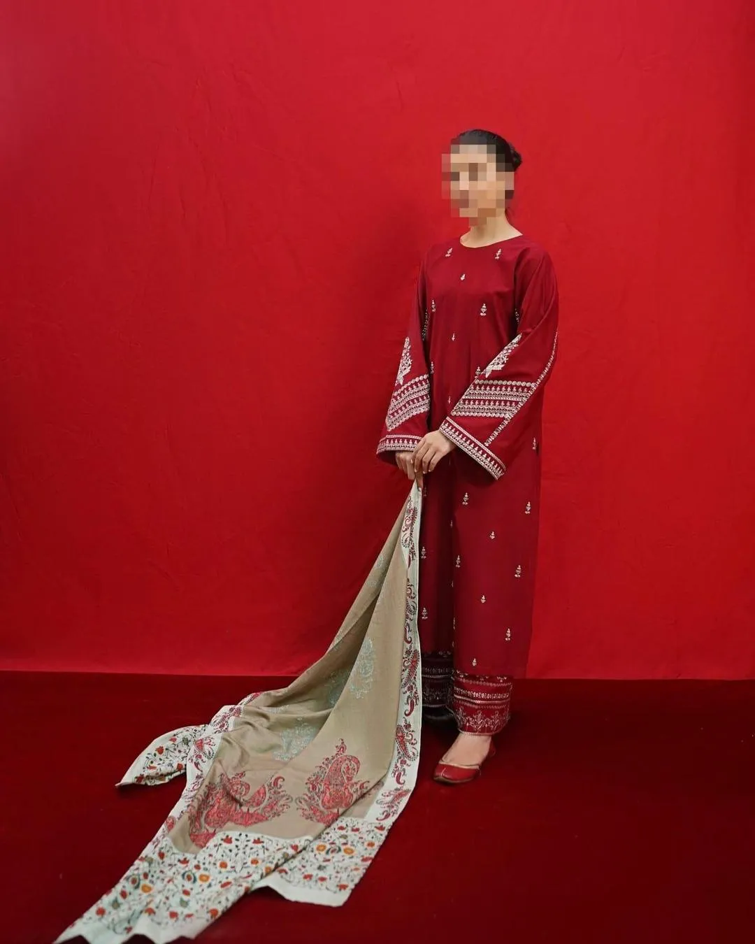 3 Pcs Embroidered Dhanak Suit Brown for Eid Shaadi