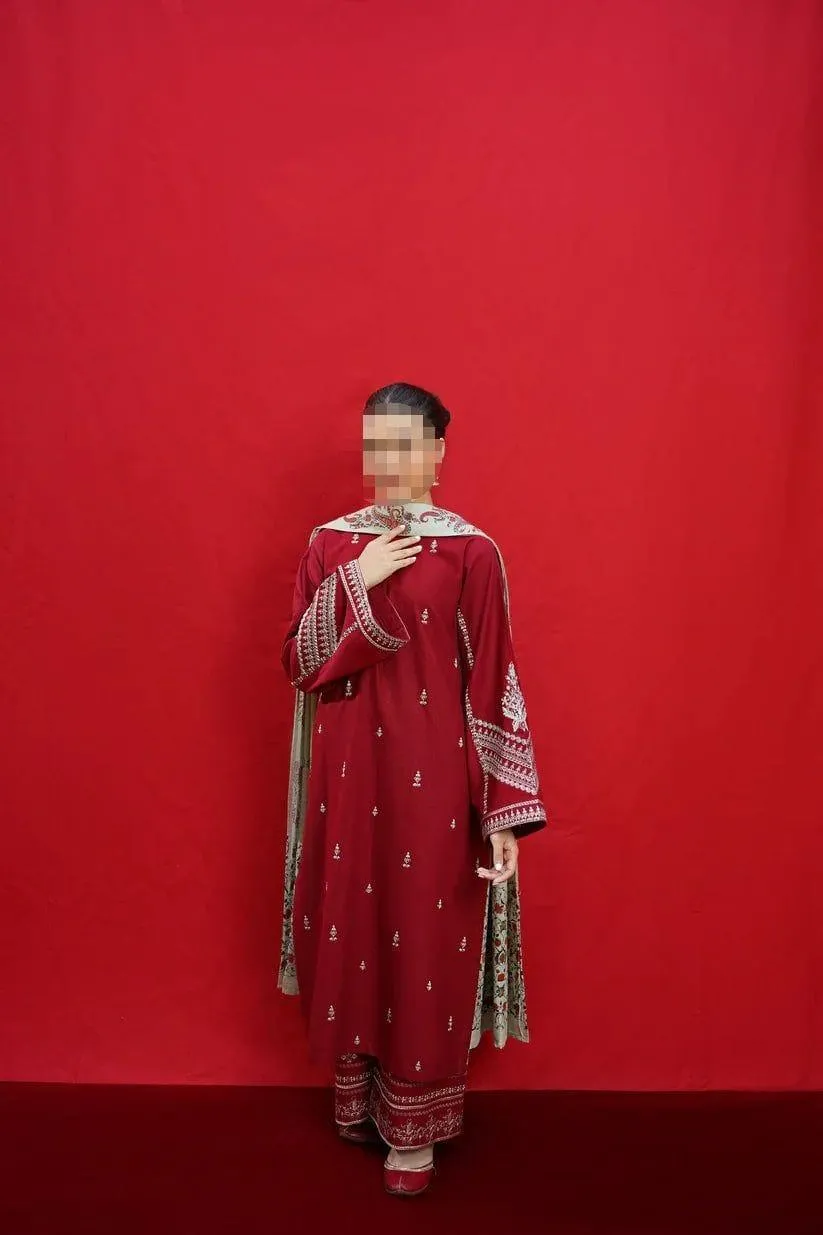 3 Pcs Embroidered Dhanak Suit Brown for Eid Shaadi