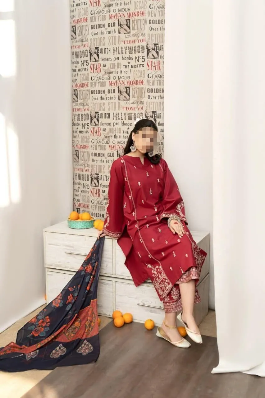 3 Pcs Women's Unstitched Embroidered Suit