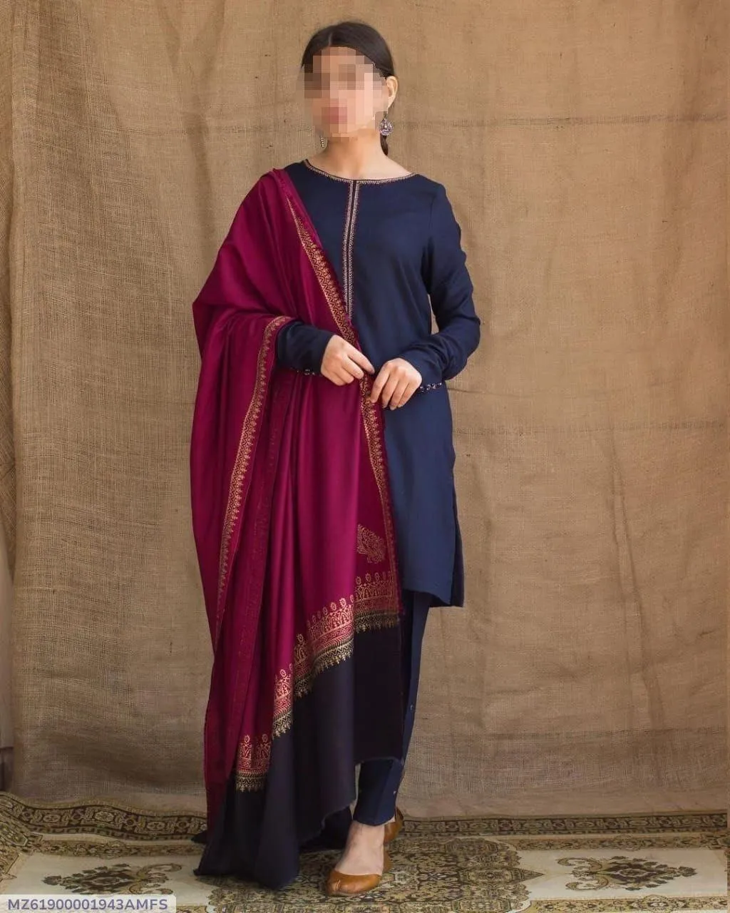 Blue Embroidered 3 Pcs Women Suit with Pashmina Dupatta