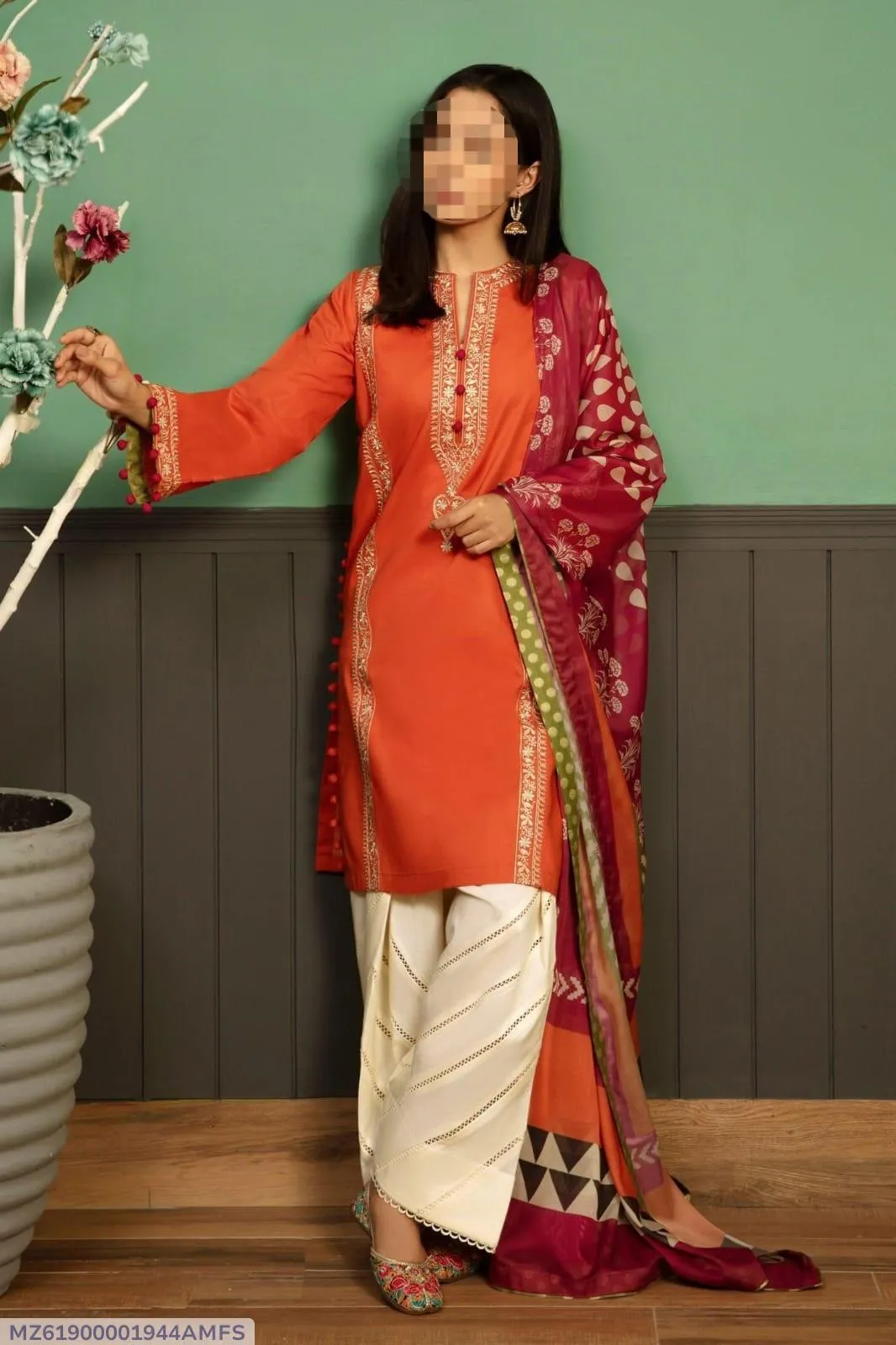 3 Pcs Women's Embroidered Dhanak Suit Brown
