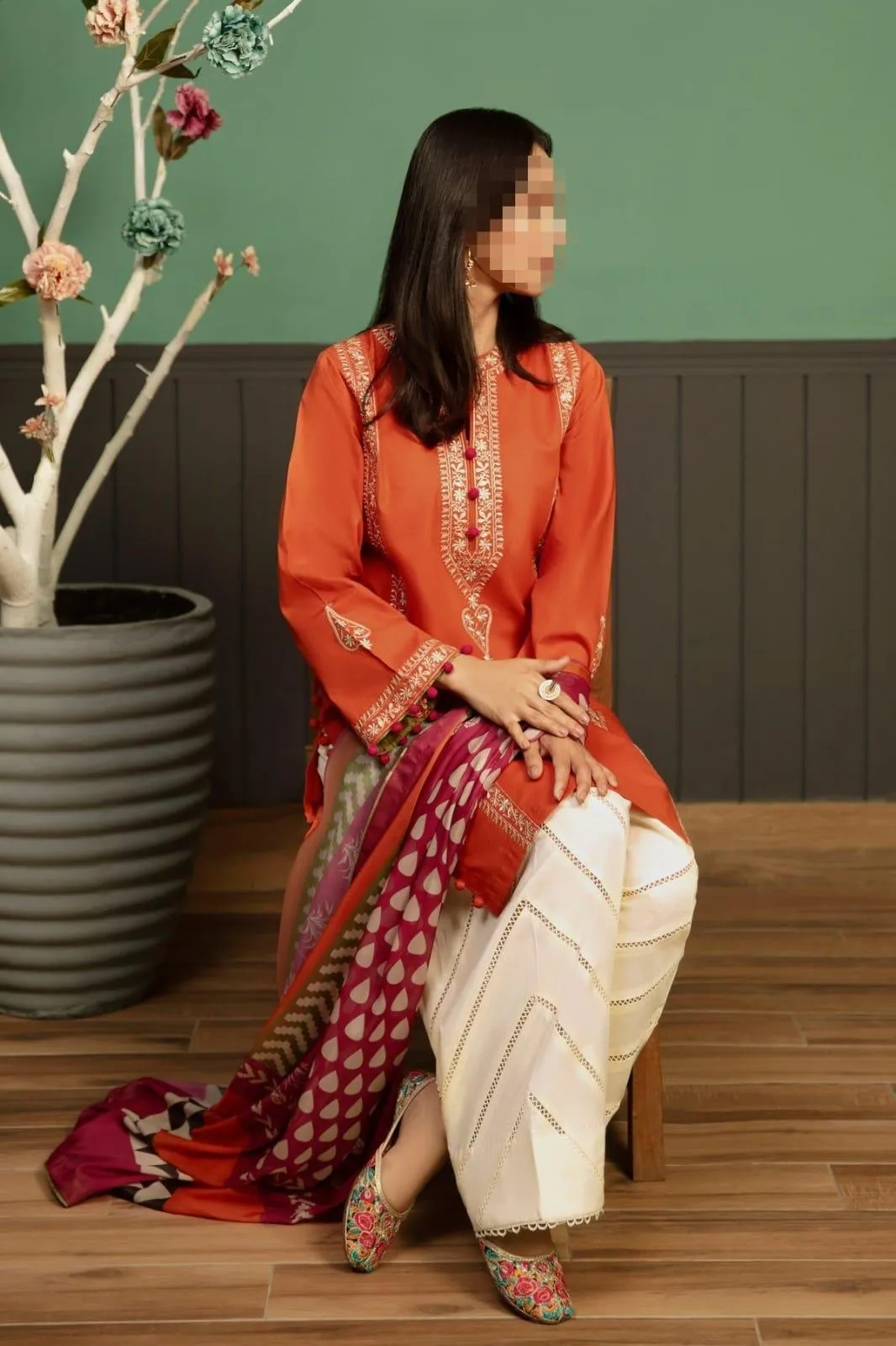3 Pcs Women's Embroidered Dhanak Suit Brown