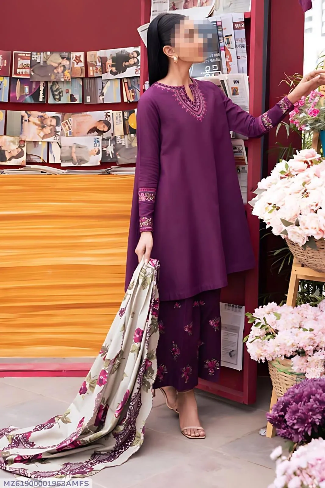 Purple Embroidered 3 Pcs Women Suit Set