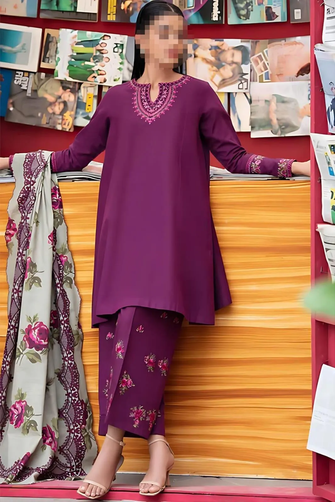 Purple Embroidered 3 Pcs Women Suit Set