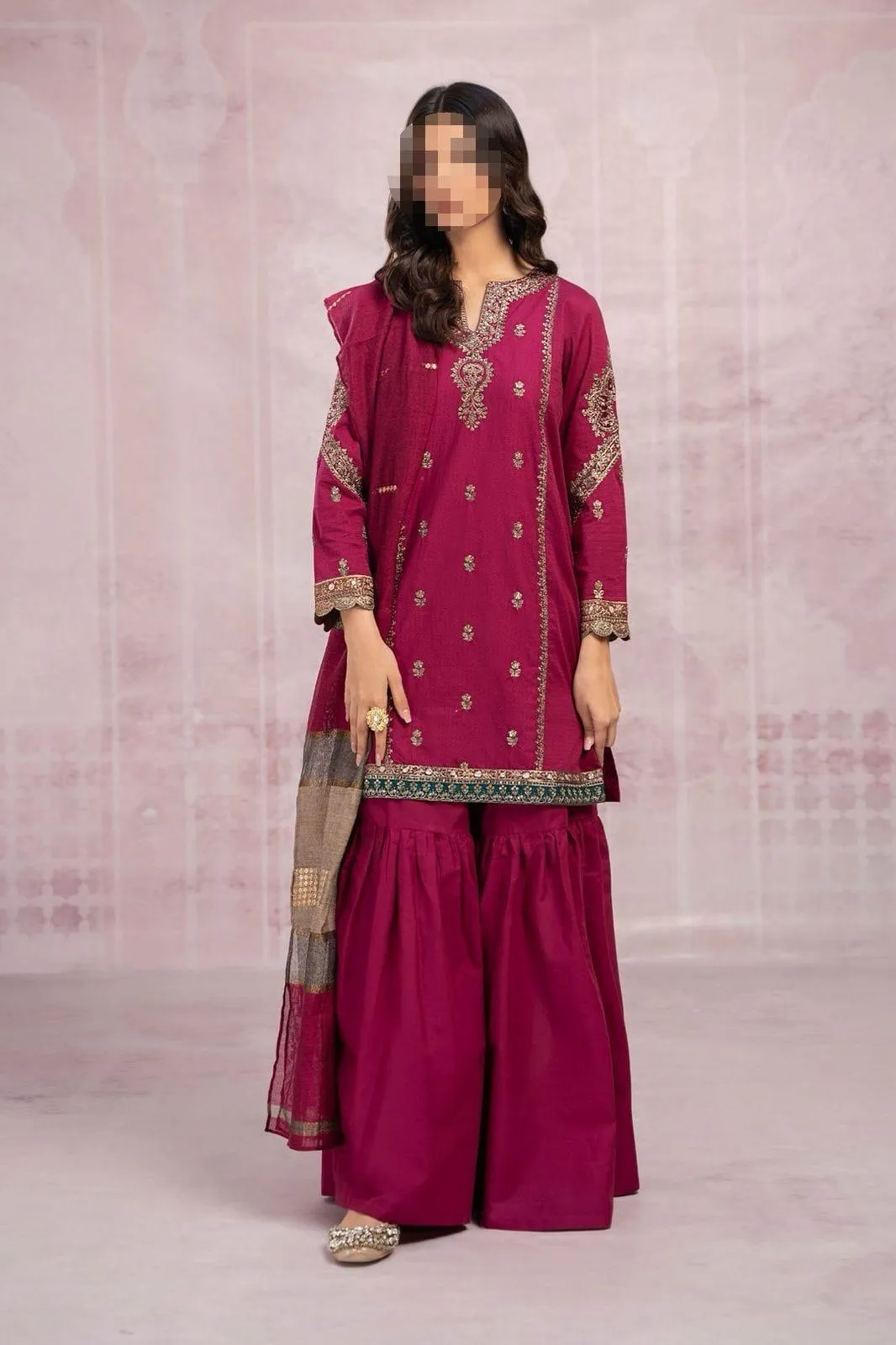 Pink Embroidered 3-Piece Wedding Suit with Pashmina Dupatta