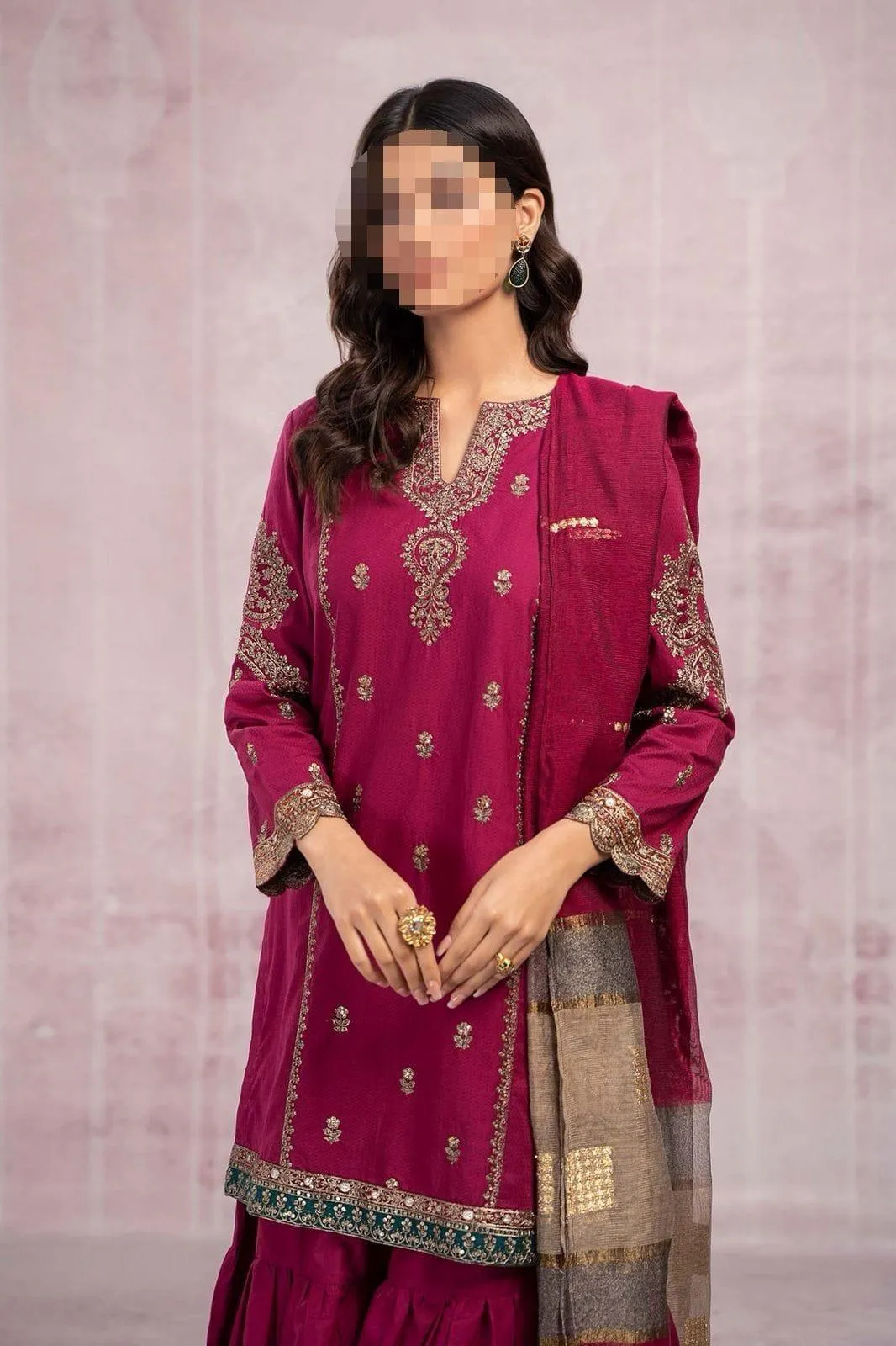 Pink Embroidered 3-Piece Wedding Suit with Pashmina Dupatta