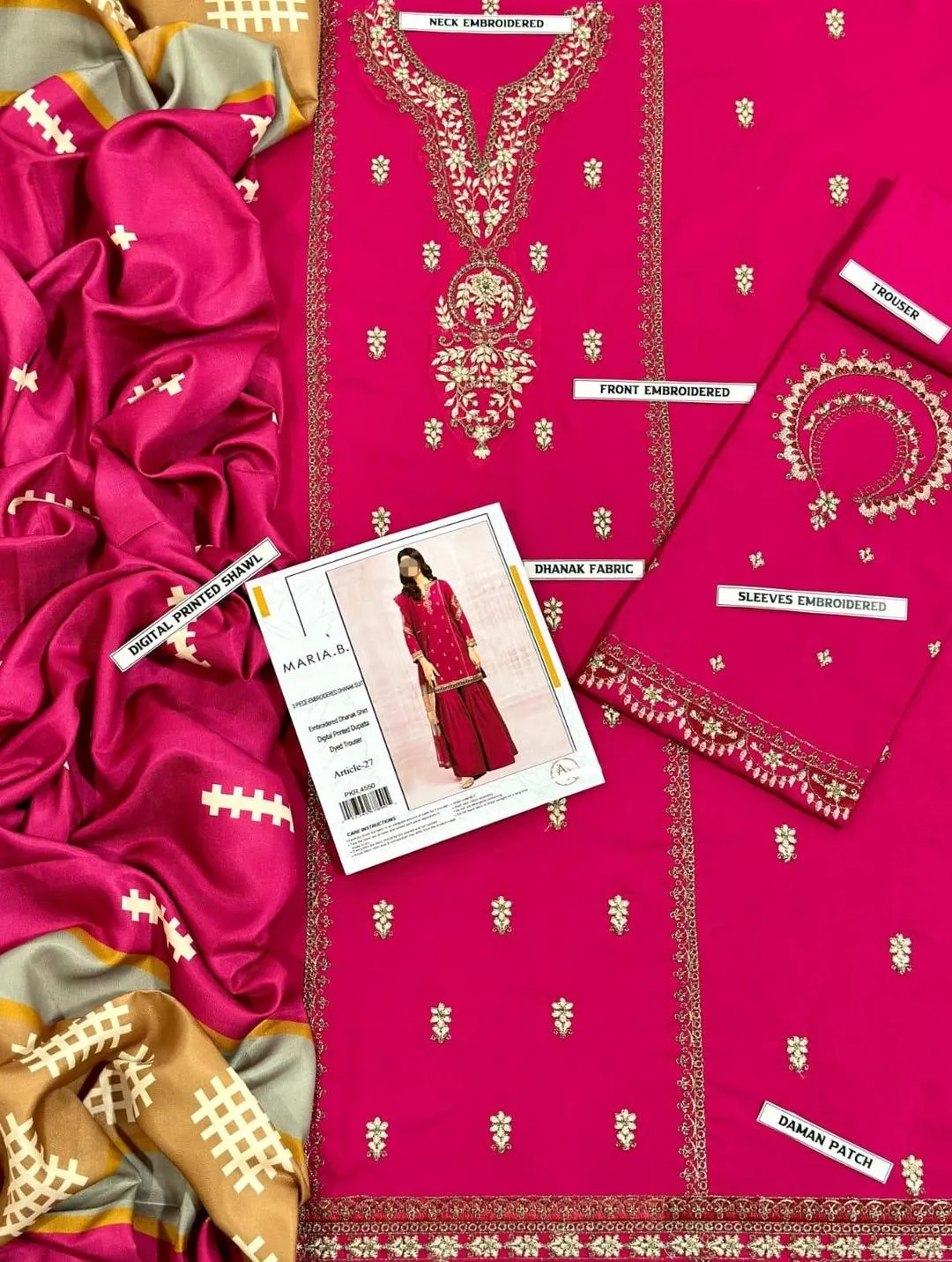 Pink Embroidered 3-Piece Wedding Suit with Pashmina Dupatta