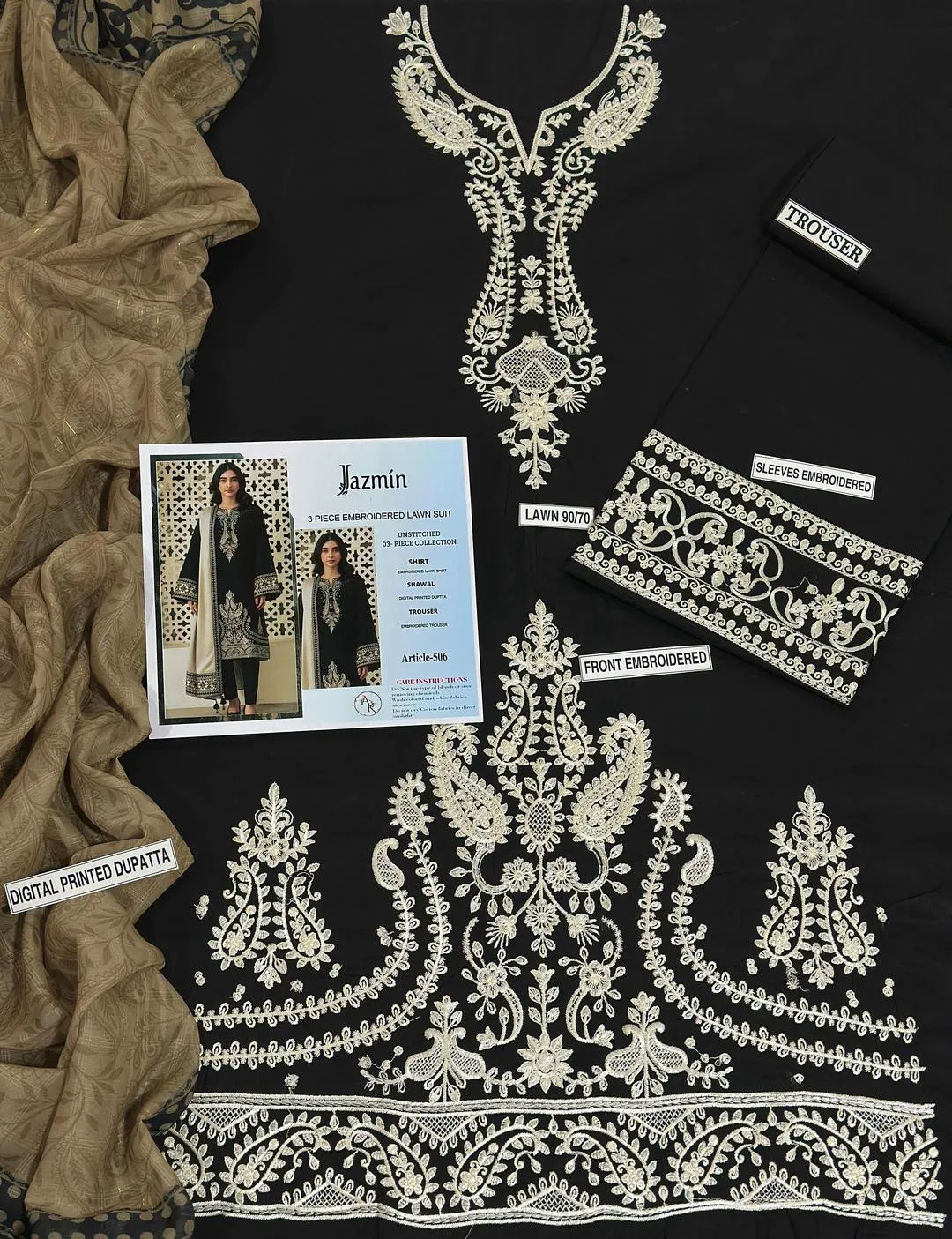 Black Embroidered 3-Piece Lawn Suit for Eid & Weddings