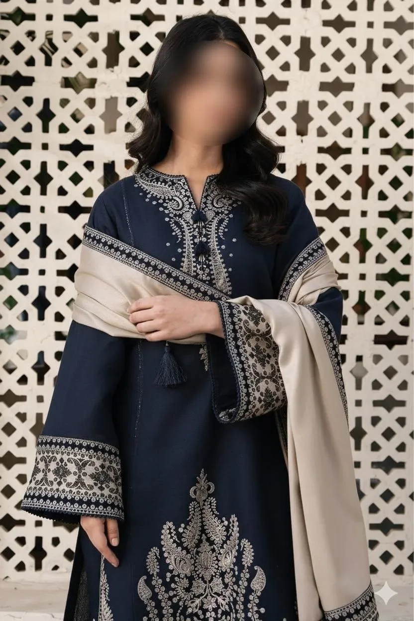 Eid 3-Piece Lawn Suit Silver Embroidery Trousers Dupatta