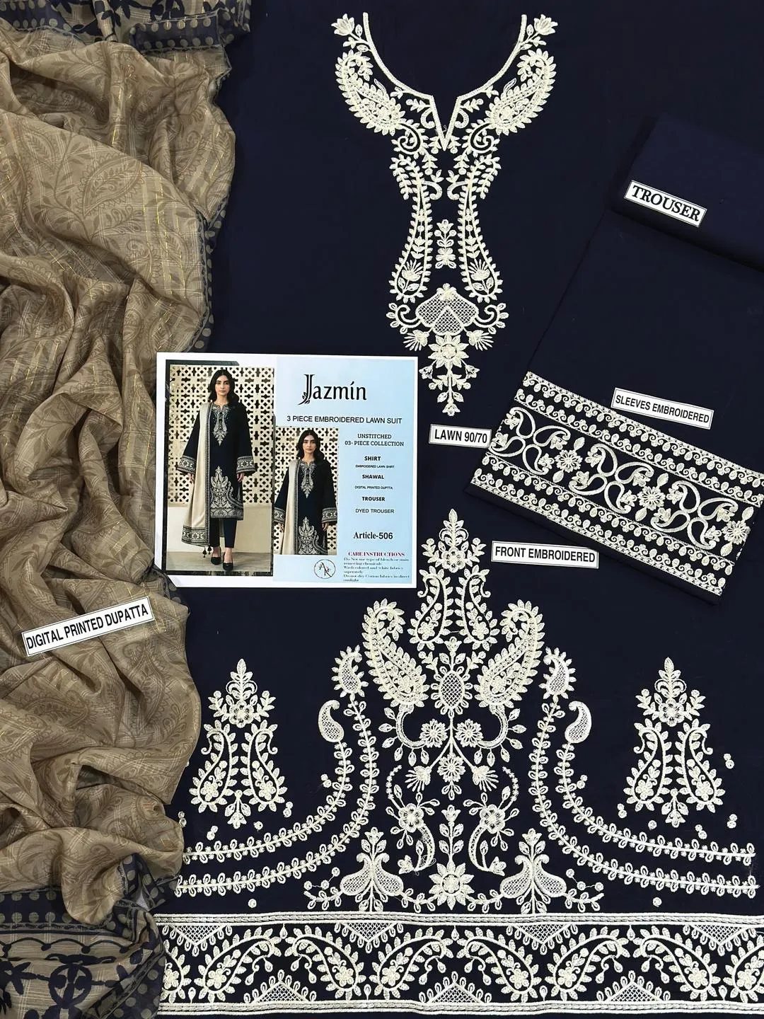 Eid 3-Piece Lawn Suit Silver Embroidery Trousers Dupatta