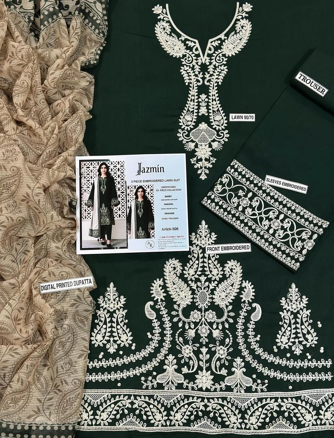 Green Embroidered 3-Piece Eid Suit for Bridesmaids