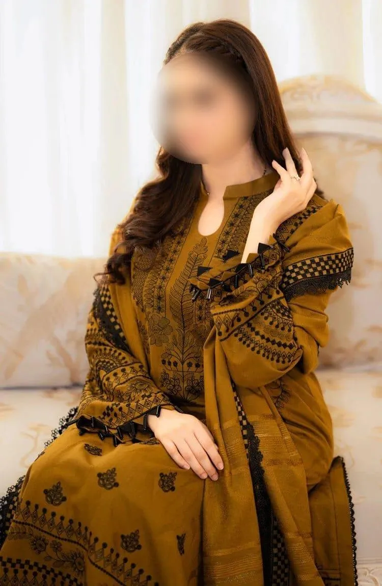 Mustard Embroidered 3-Piece Lawn Suit for Eid Wedding