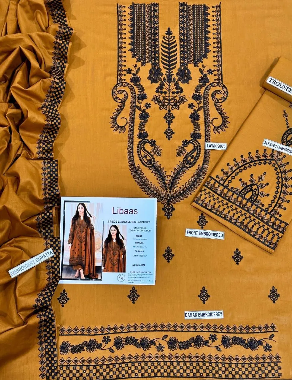 Mustard Embroidered 3-Piece Lawn Suit for Eid Wedding