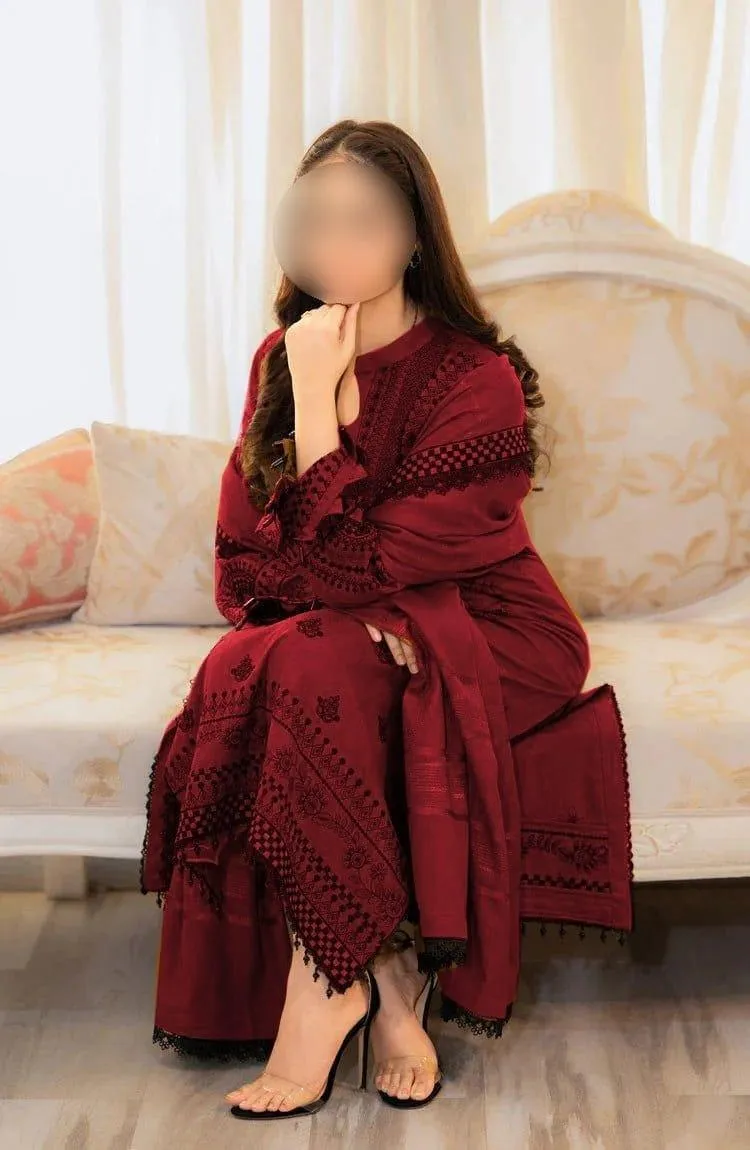 Maroon Embroidered 3-Piece Lawn Suit for Eid Weddings