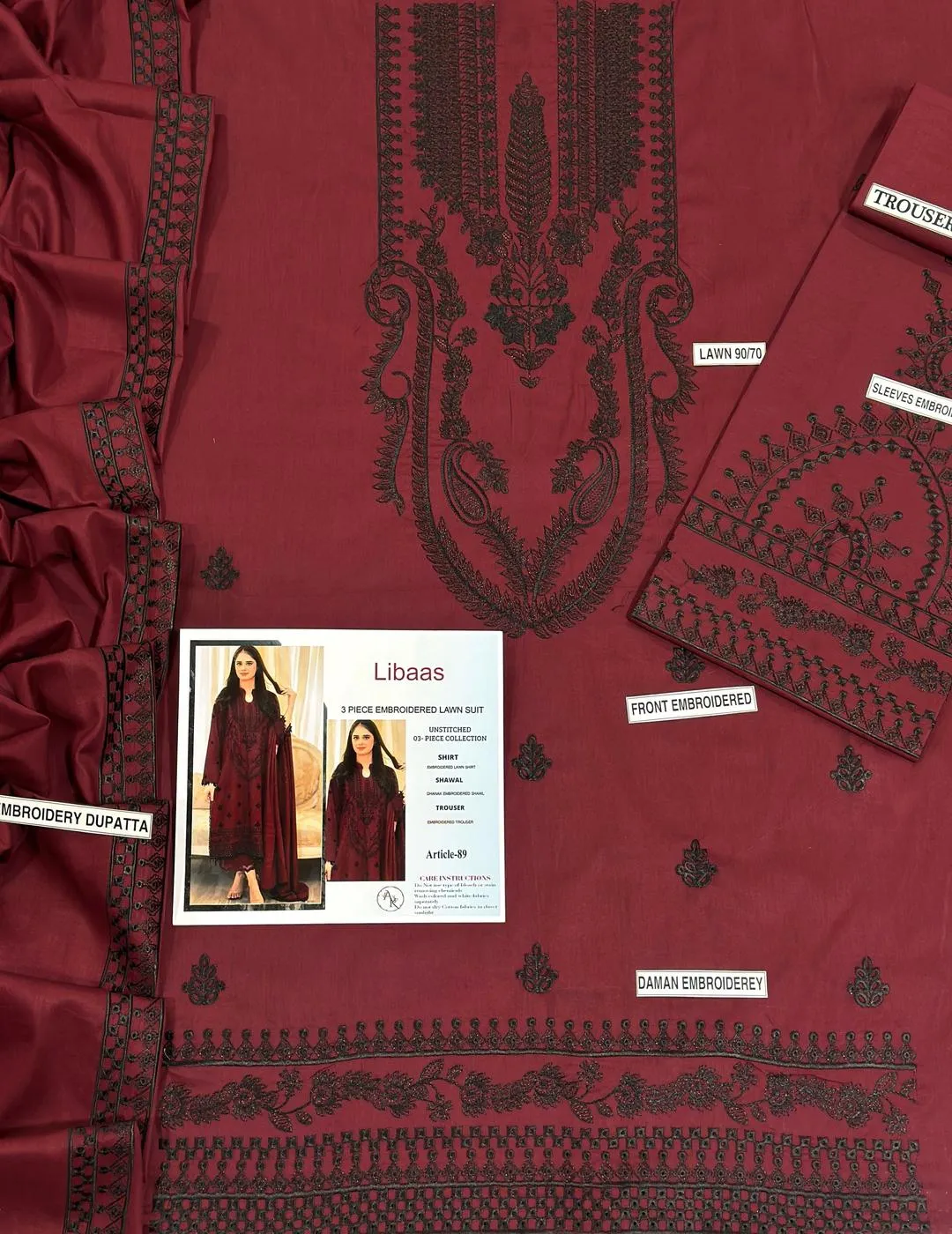Maroon Embroidered 3-Piece Lawn Suit for Eid Weddings