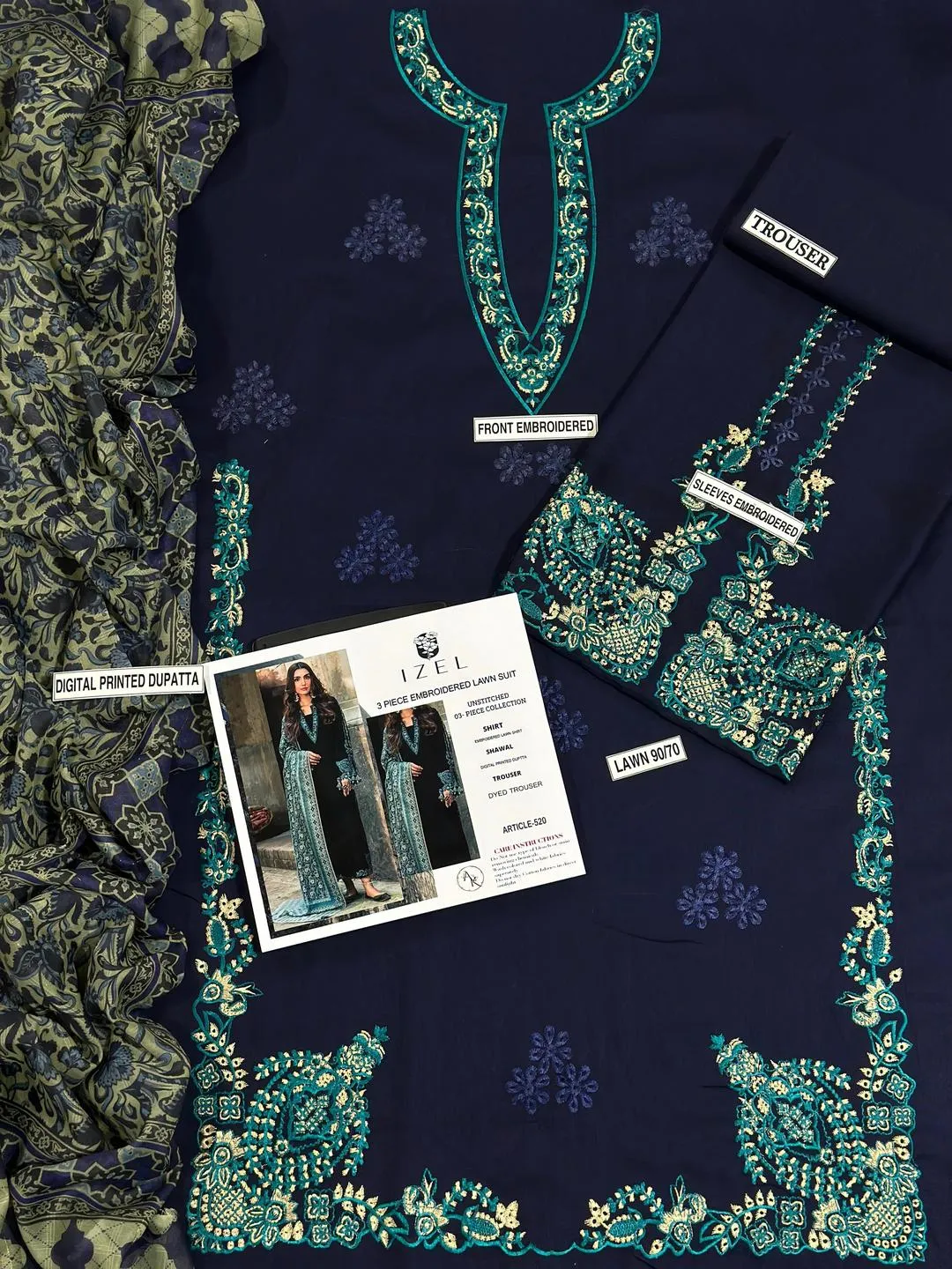 Black Embroidered Lawn Shirt with Blue Digital Print Dupatta