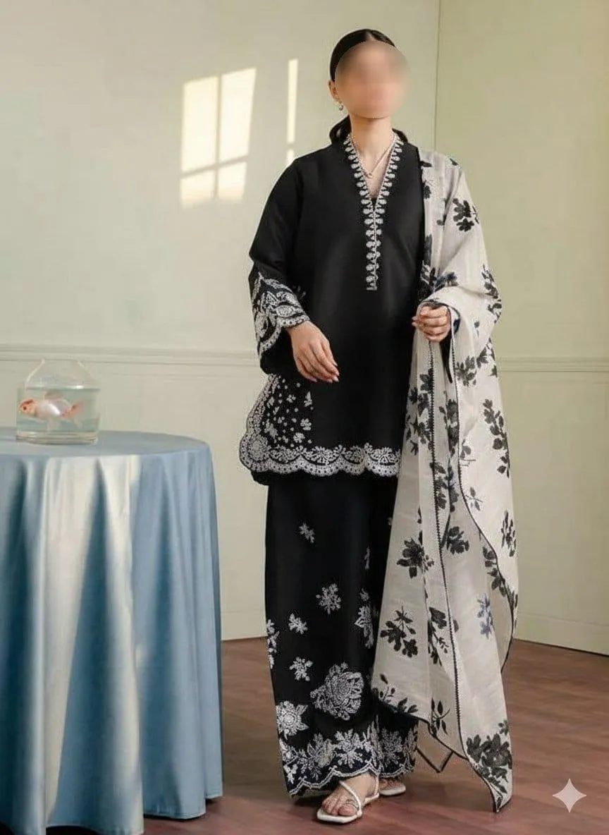 Black Embroidered Lawn Shirt with Dupatta Set