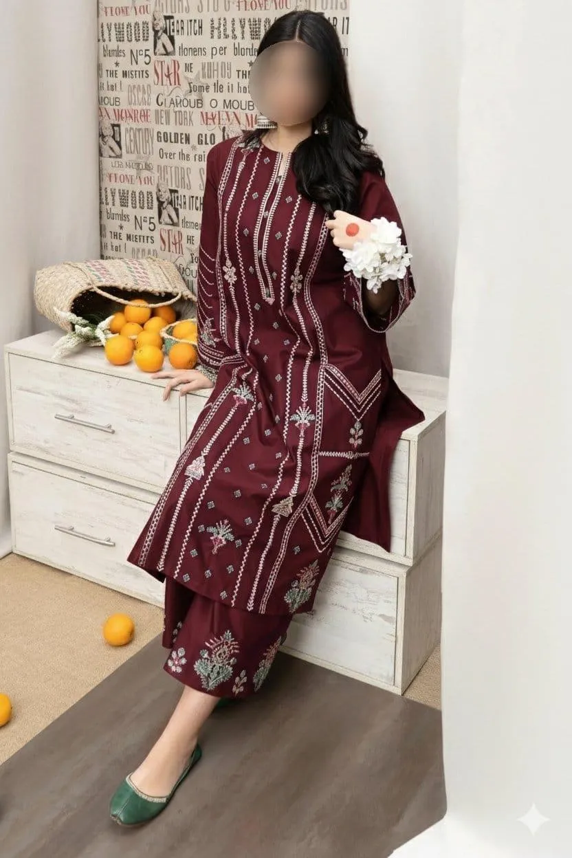 Pakistani Women Maroon Embroidered Kurta Set with Scarf