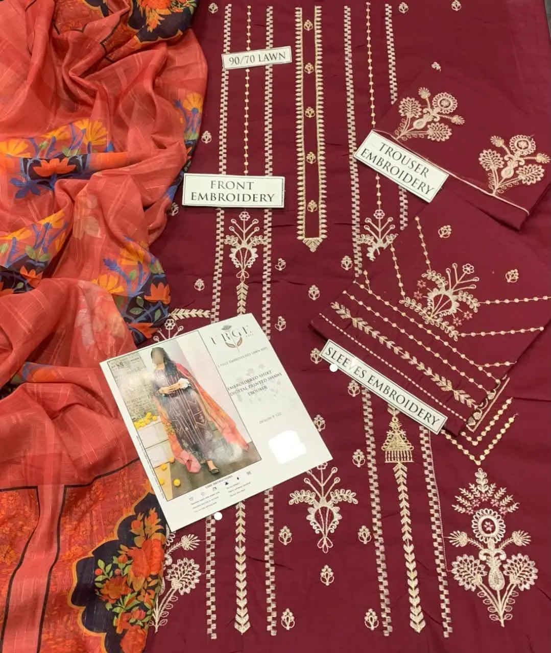 Pakistani Women Maroon Embroidered Kurta Set with Scarf