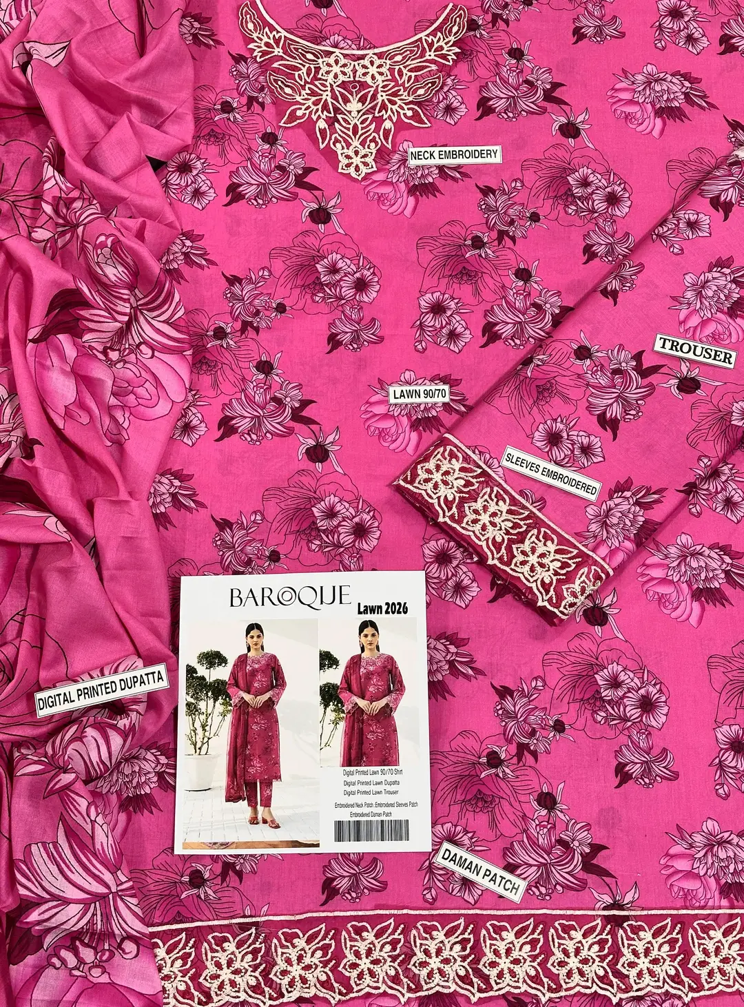3 Pcs Women's Unstitched Printed Embroidered Suit