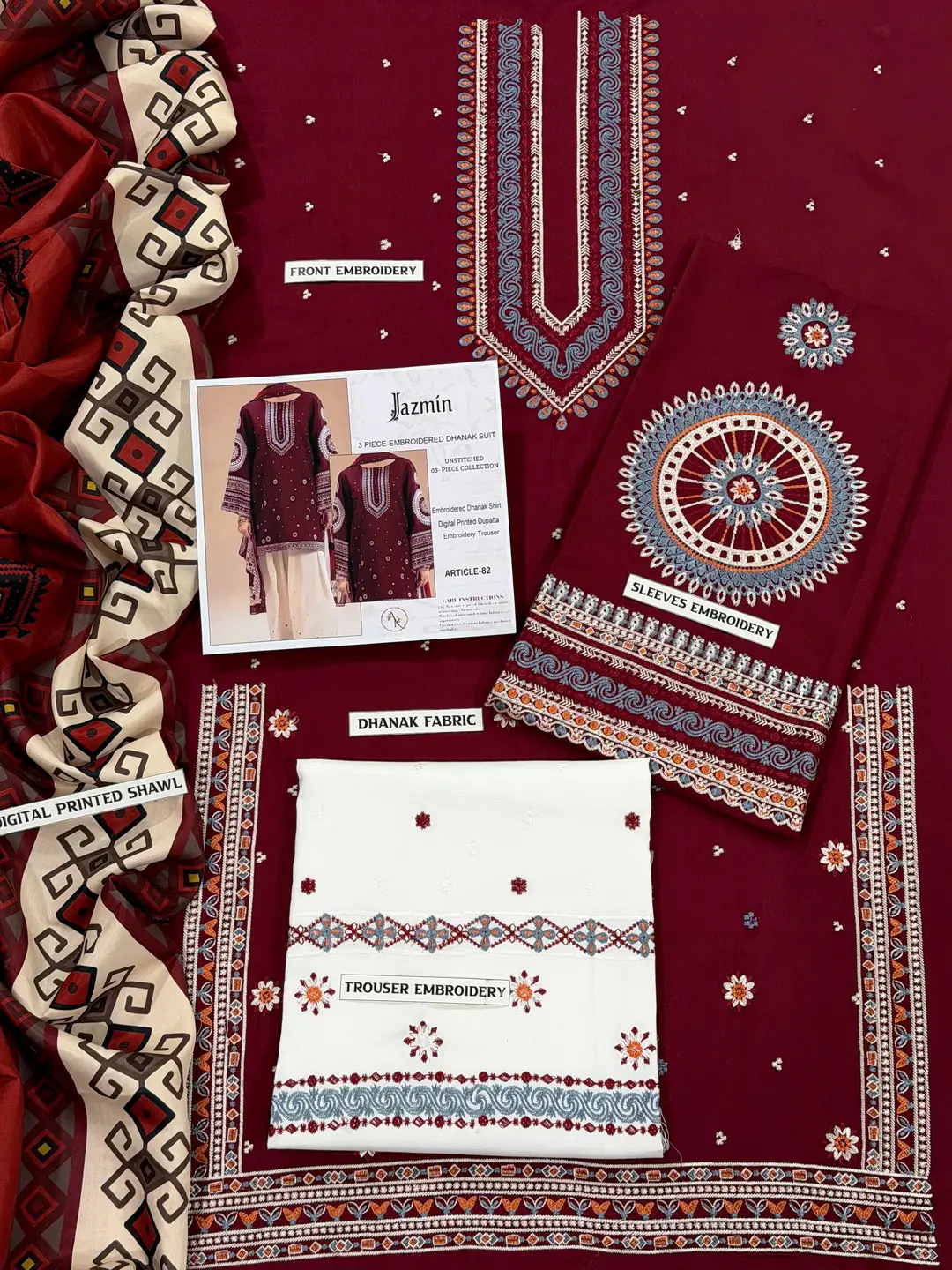 3 Pcs Women's Unstitched Embroidered Suit
