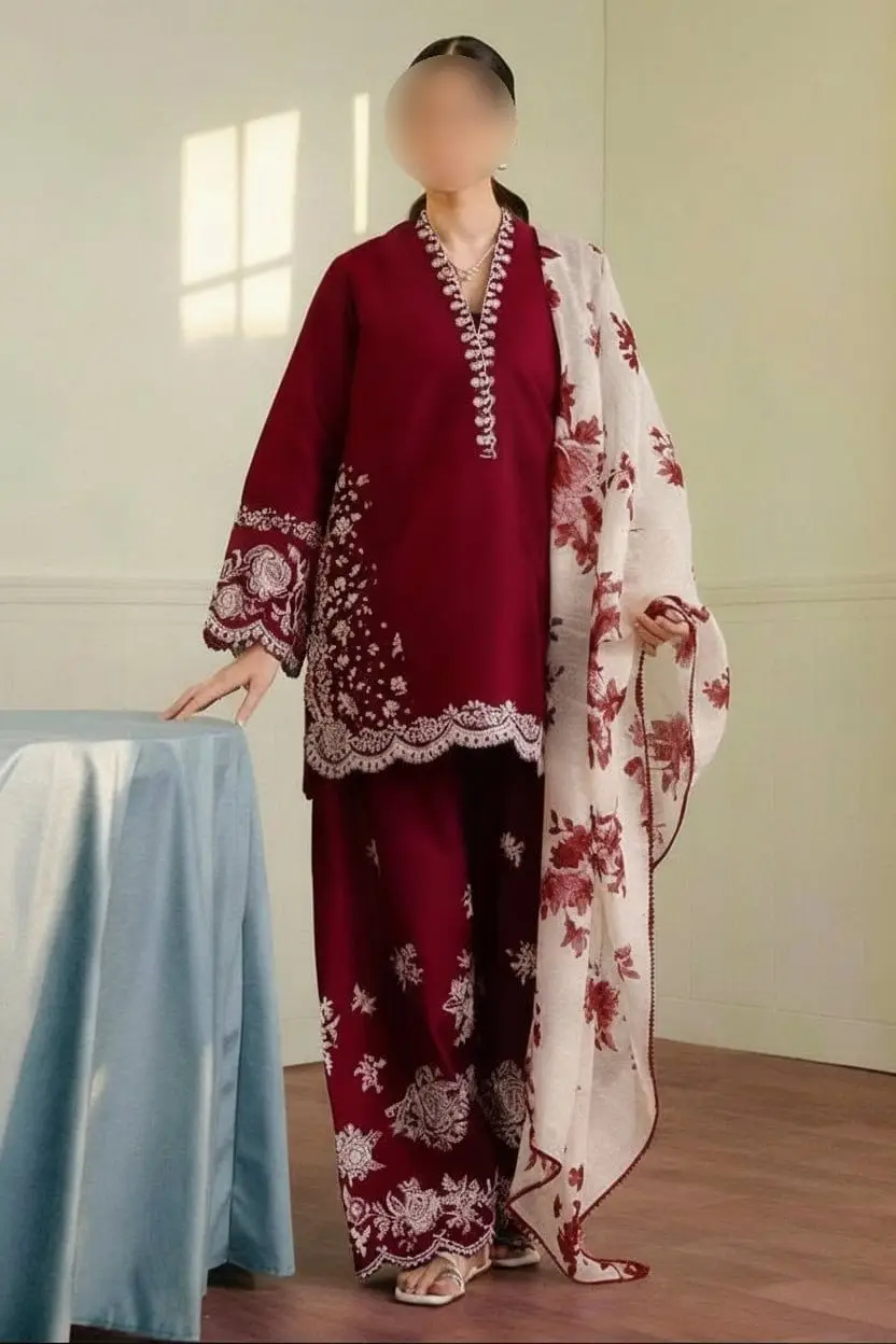 3 Pcs Women's Unstitched Embroidered Suit