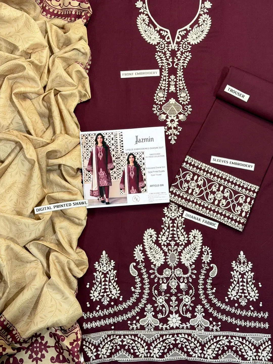 3 Pcs Women's Unstitched Embroidered Suit