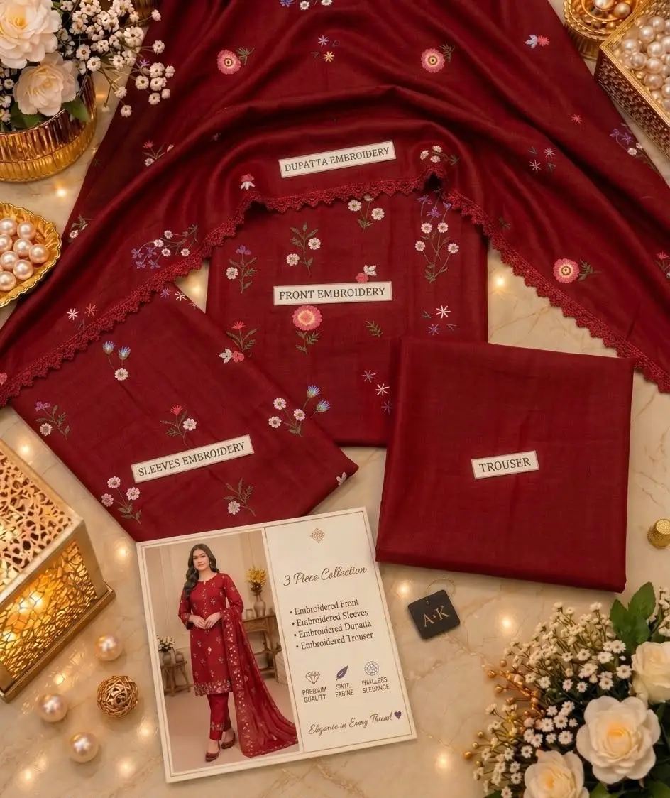 3 Pcs Women's Unstitched Embroidered Suit
