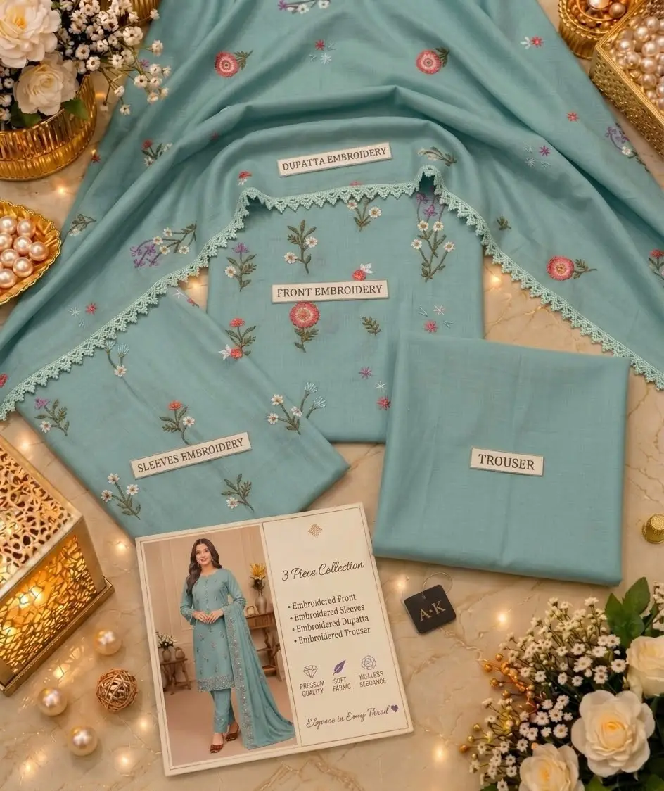3 Pcs Women's Unstitched Embroidered Suit