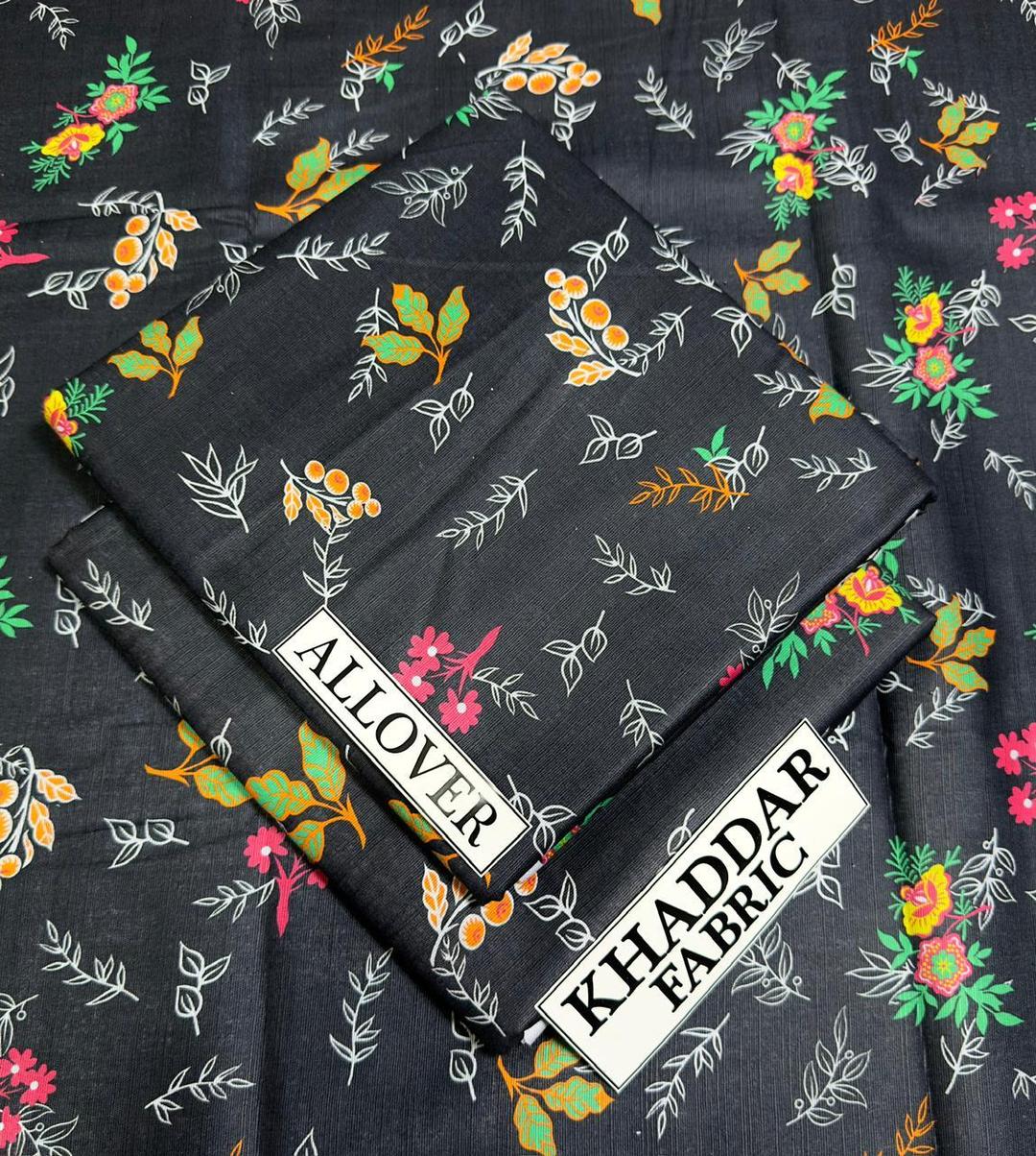 Khaddar Floral Print Suit for Women Black Orange Pink