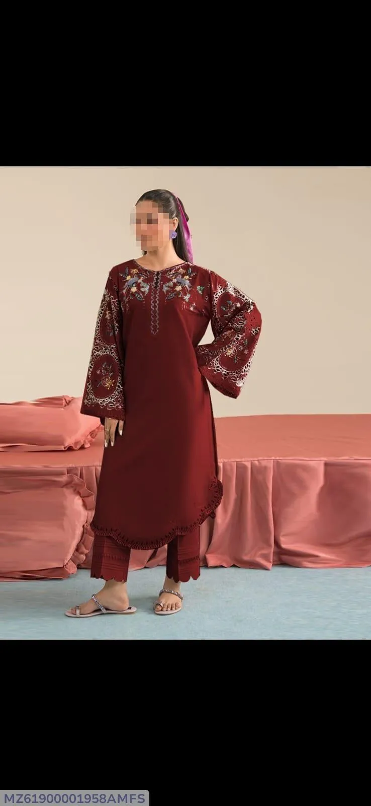 Maroon Embroidered 2 Pcs Women Suit Dhanak