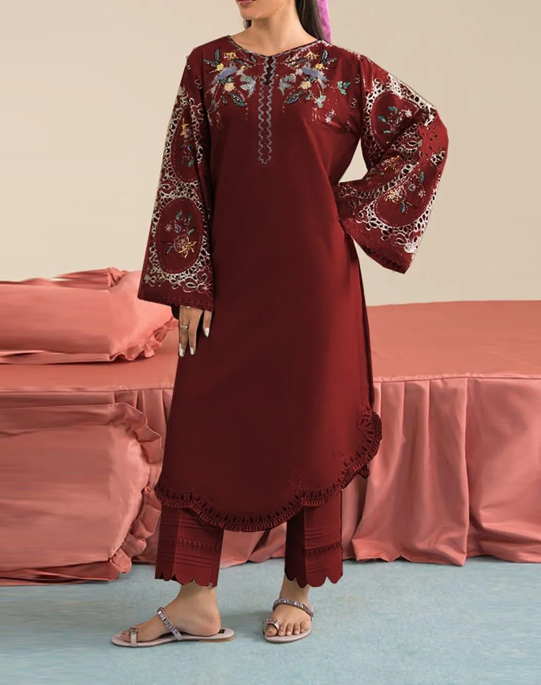 Maroon Embroidered 2 Pcs Women Suit Dhanak