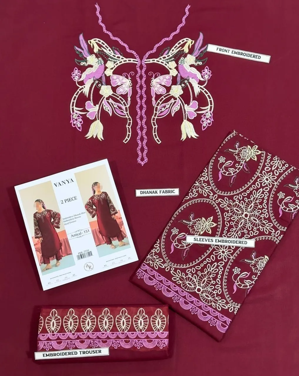 Maroon Embroidered 2 Pcs Women Suit Dhanak