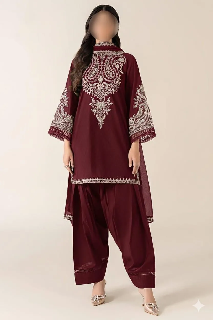 Maroon Embroidered Kurta Pajama Set for Women