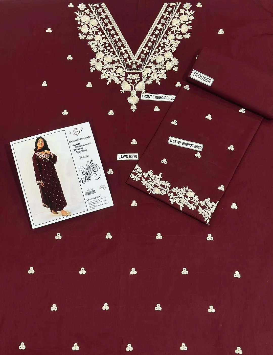 Maroon Embroidered Lawn Shirt with Cotton Trouser Set