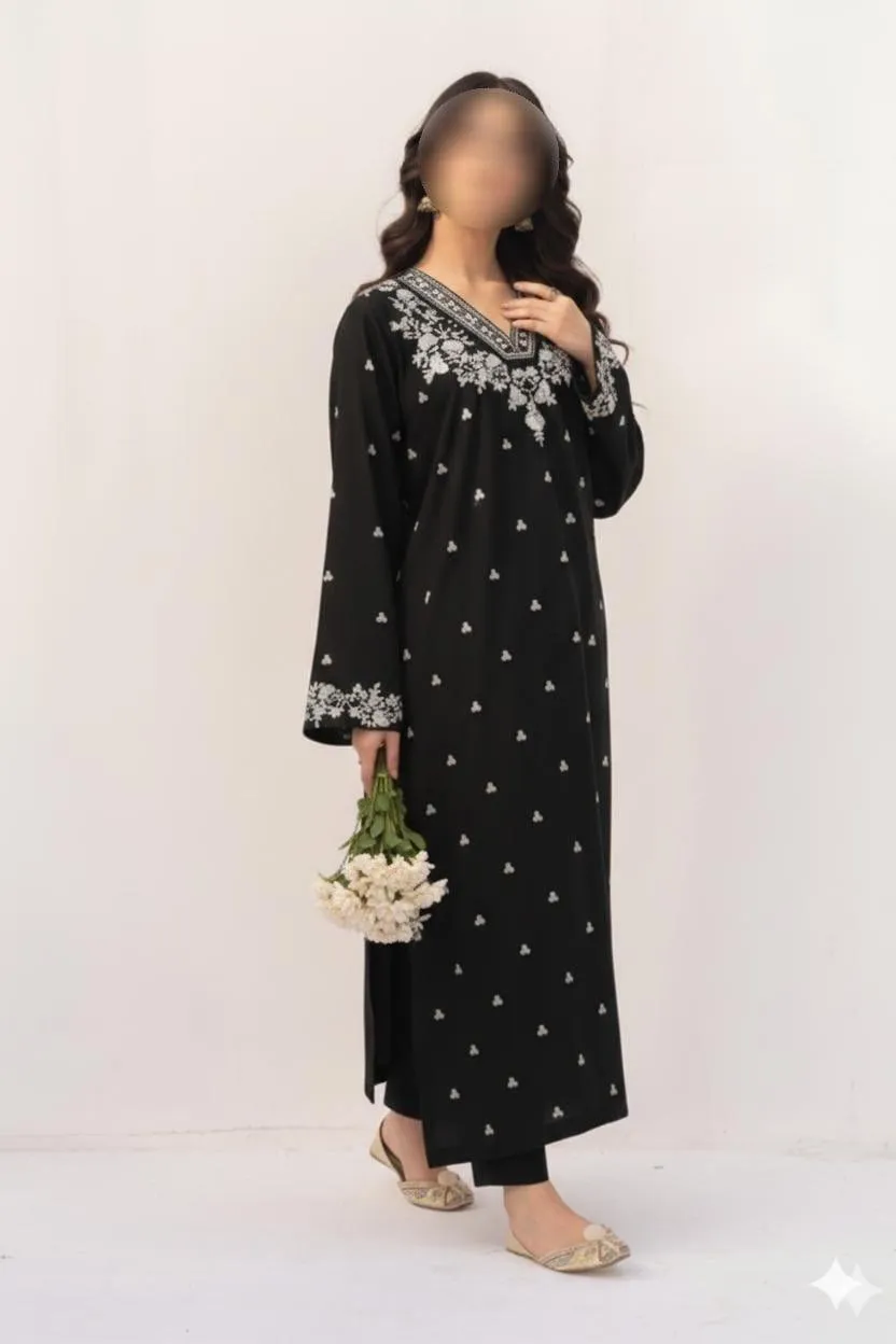 Black Embroidered Lawn Shirt with Cotton Trouser Set