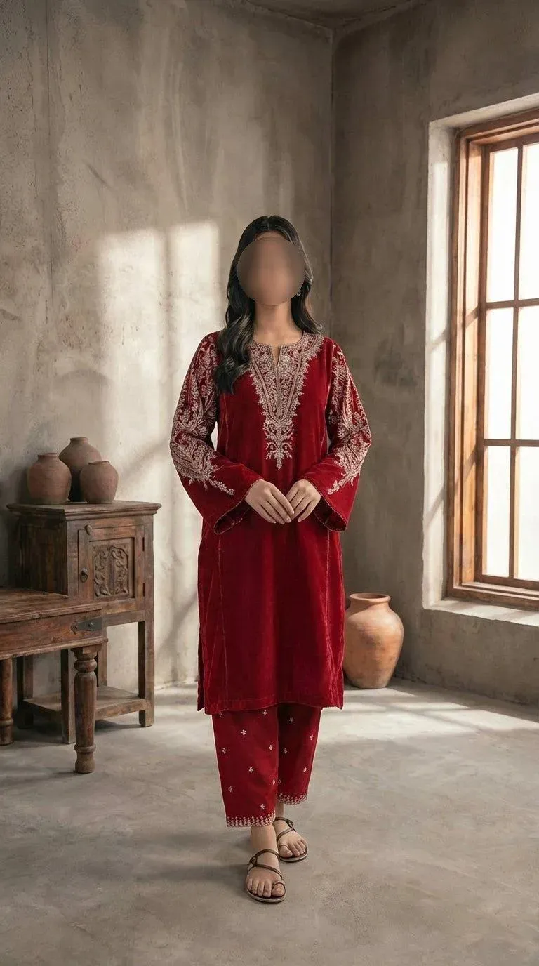 Red Embroidered Lawn Shirt & Cotton Trouser Set