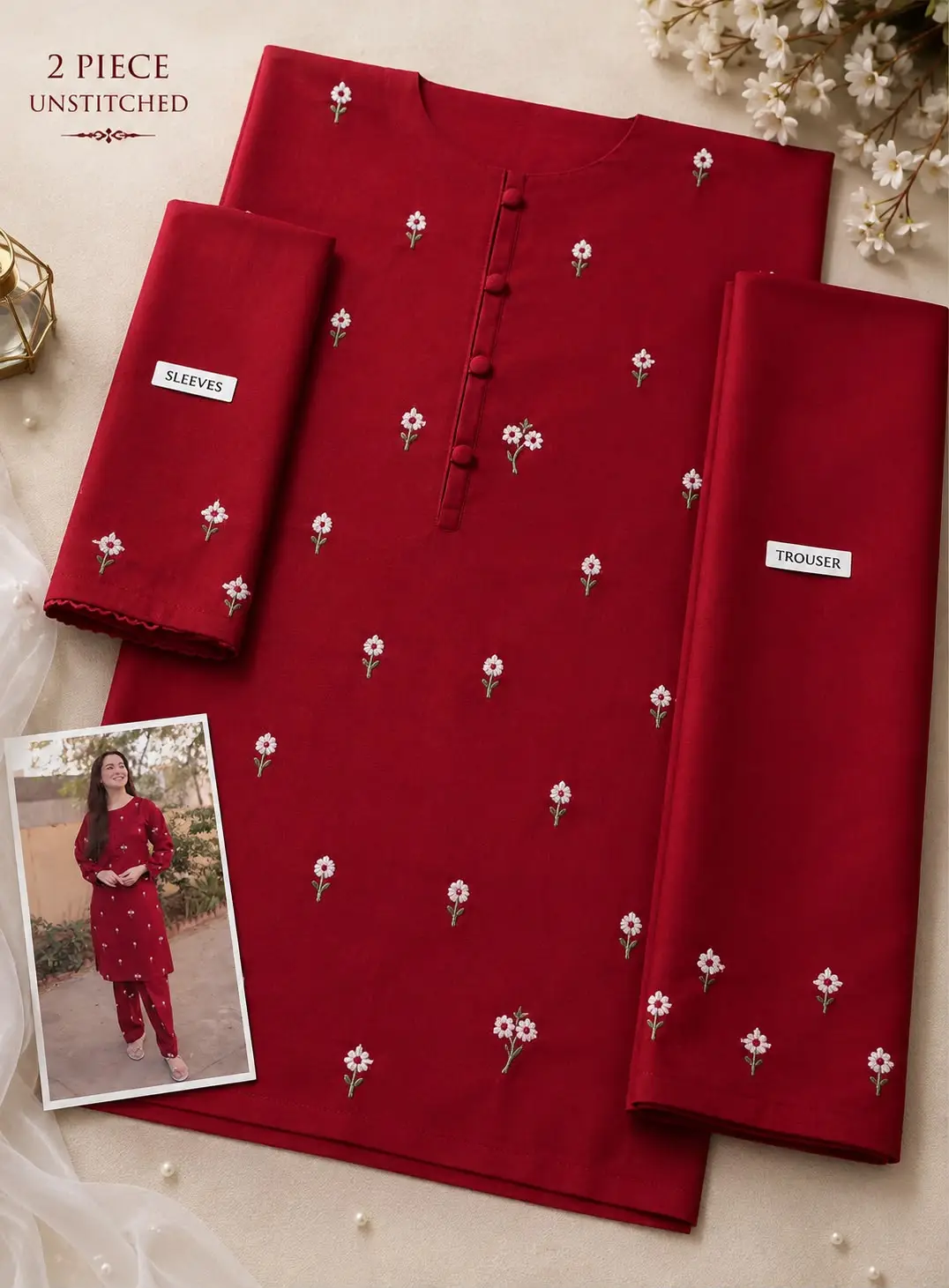 2 Pcs Women's Unstitched Embroidered Suit