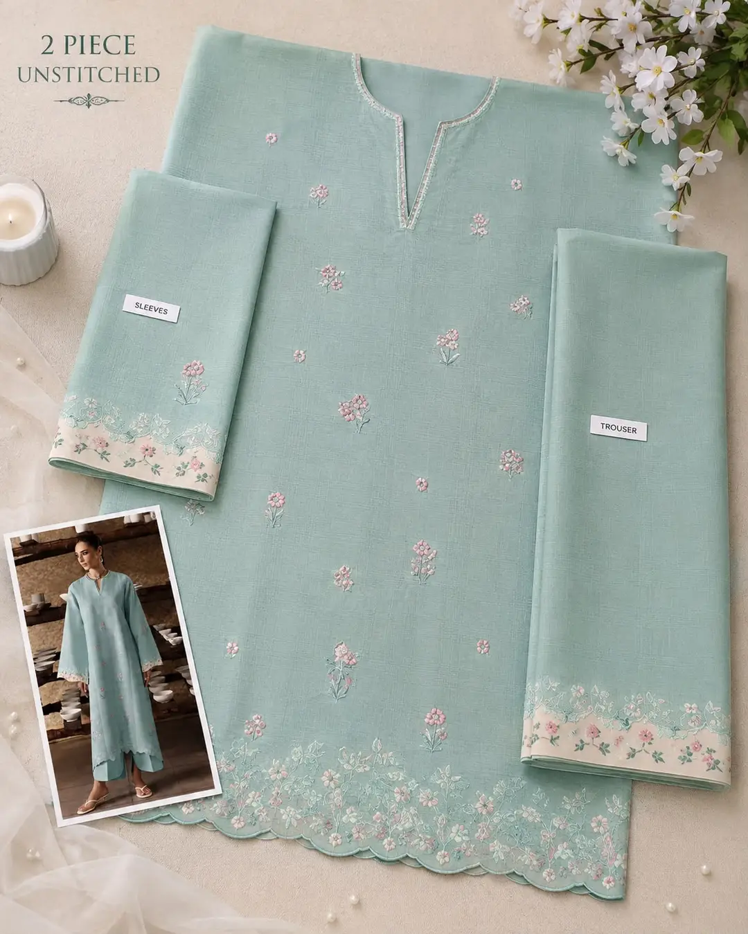 2 Pcs Women's Unstitched Embroidered Suit