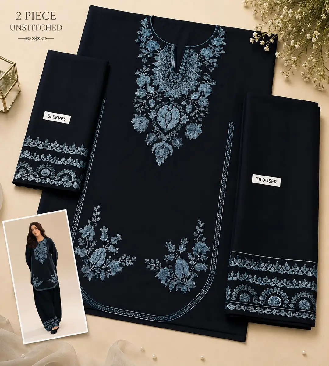 2 Pcs Women's Unstitched Embroidered Suit