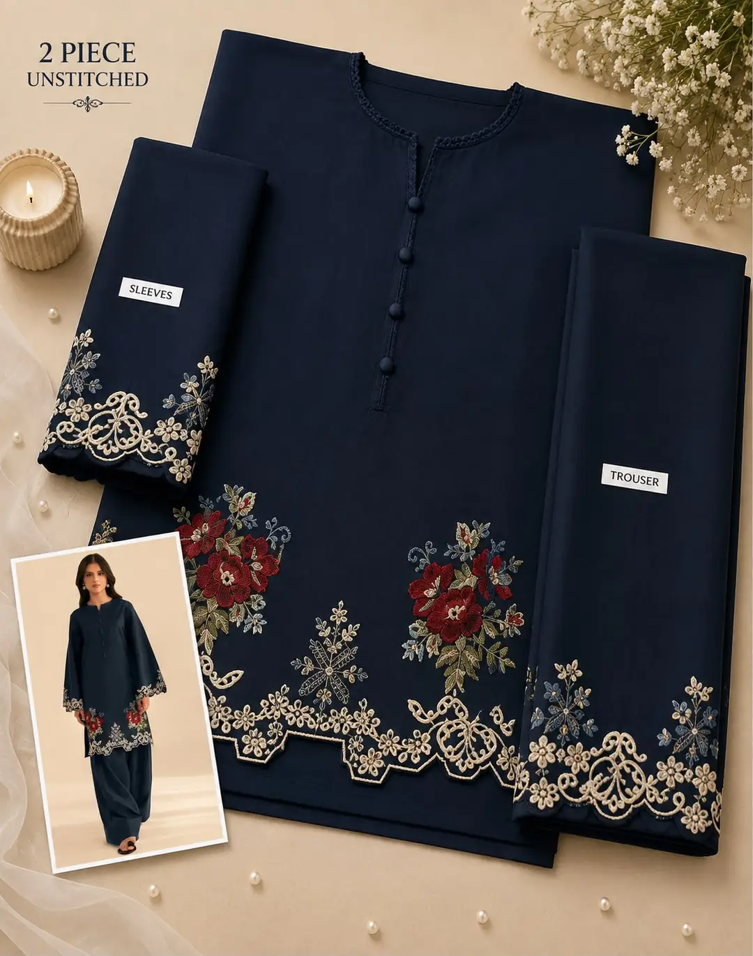 2 Pcs Women's Unstitched Embroidered Suit