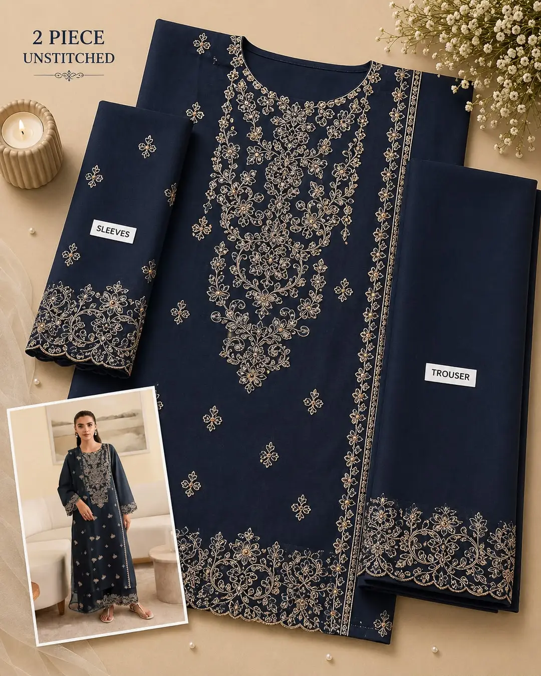 2 Pcs Women's Unstitched Embroidered Suit