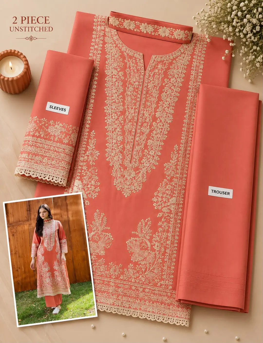 2 Pcs Women's Unstitched Embroidered Suit