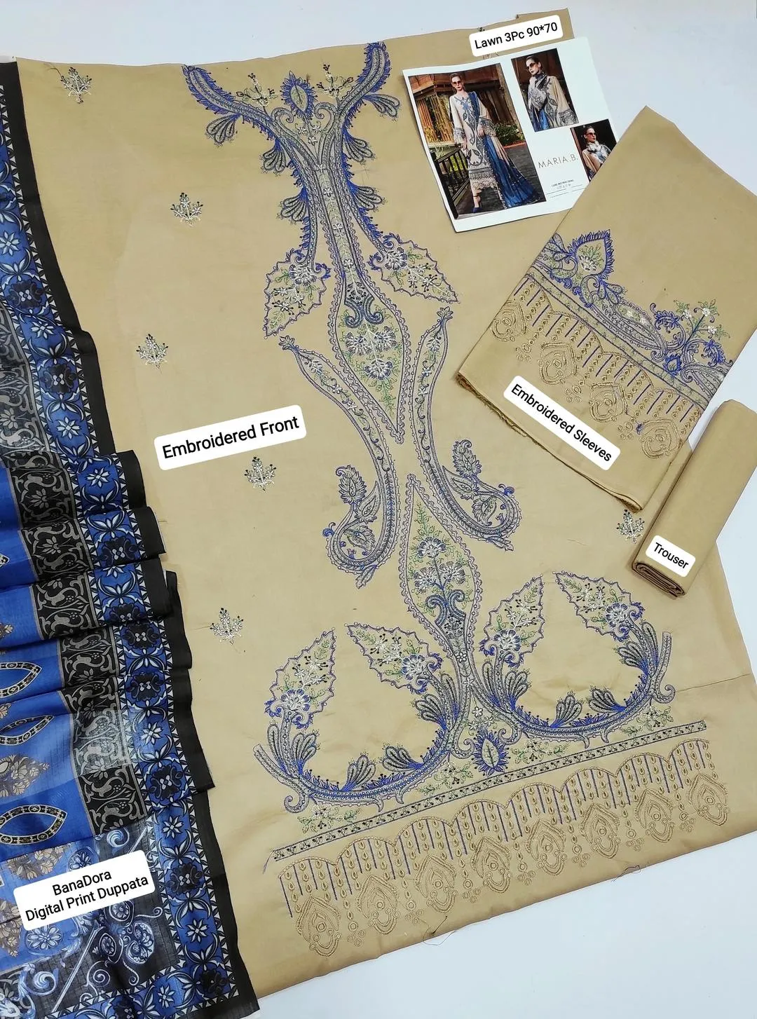 Pakistani Embroidered Lawn Suit Blue Beige 3 Pcs