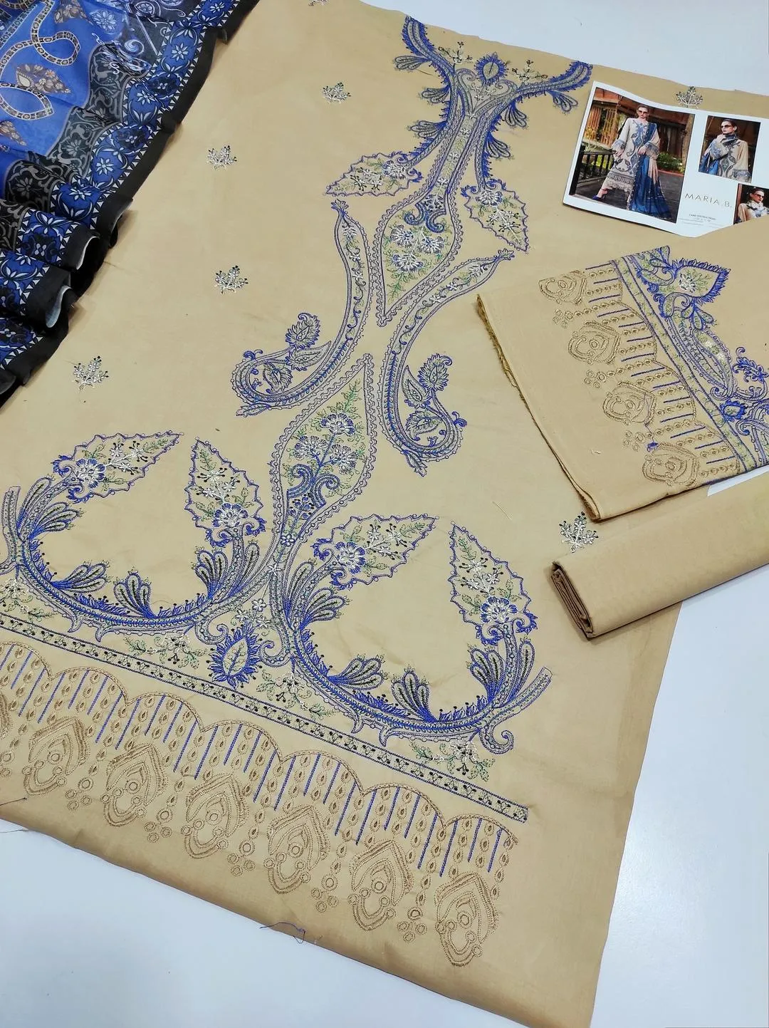 Pakistani Embroidered Lawn Suit Blue Beige 3 Pcs