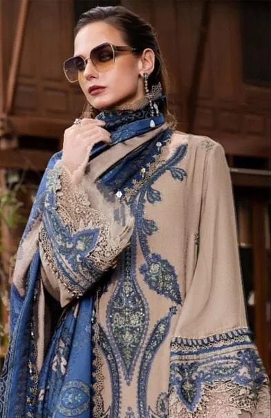 Pakistani Embroidered Lawn Suit Blue Beige 3 Pcs