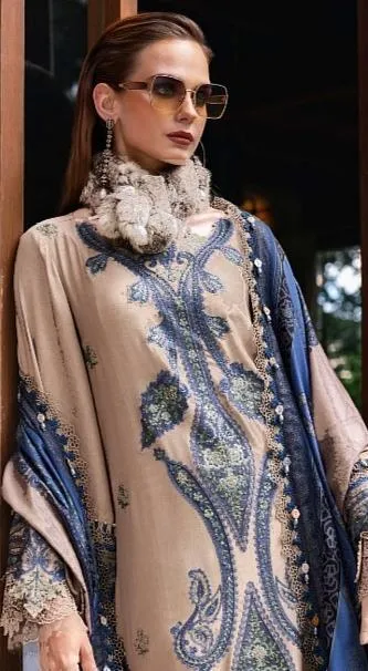Pakistani Embroidered Lawn Suit Blue Beige 3 Pcs