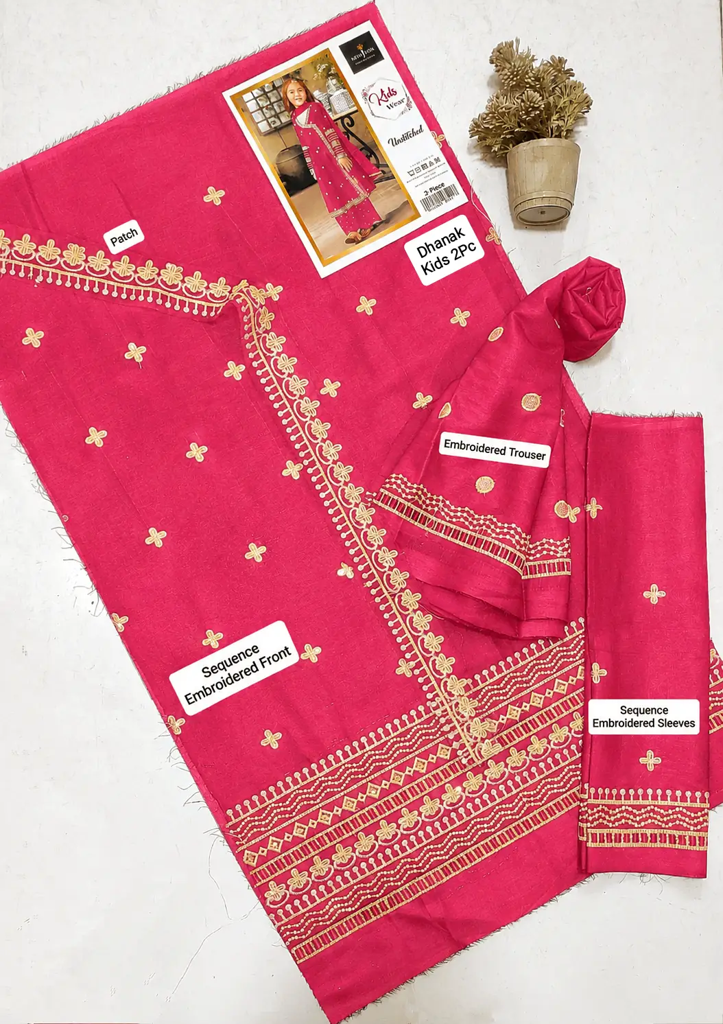2 Pcs Girl's Dhanak Embroidered Unstitched Suit