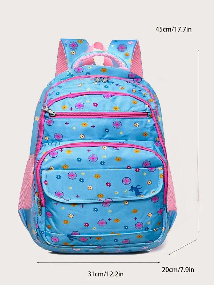 Kids School Backpack Blue Floral Nylon 17"